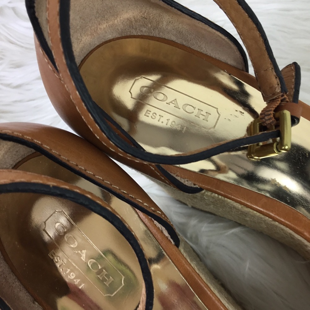 Coach Wedge Adjustable Ankle Straps Sandals Tan Leather trim Size 10B - Picture 12 of 12